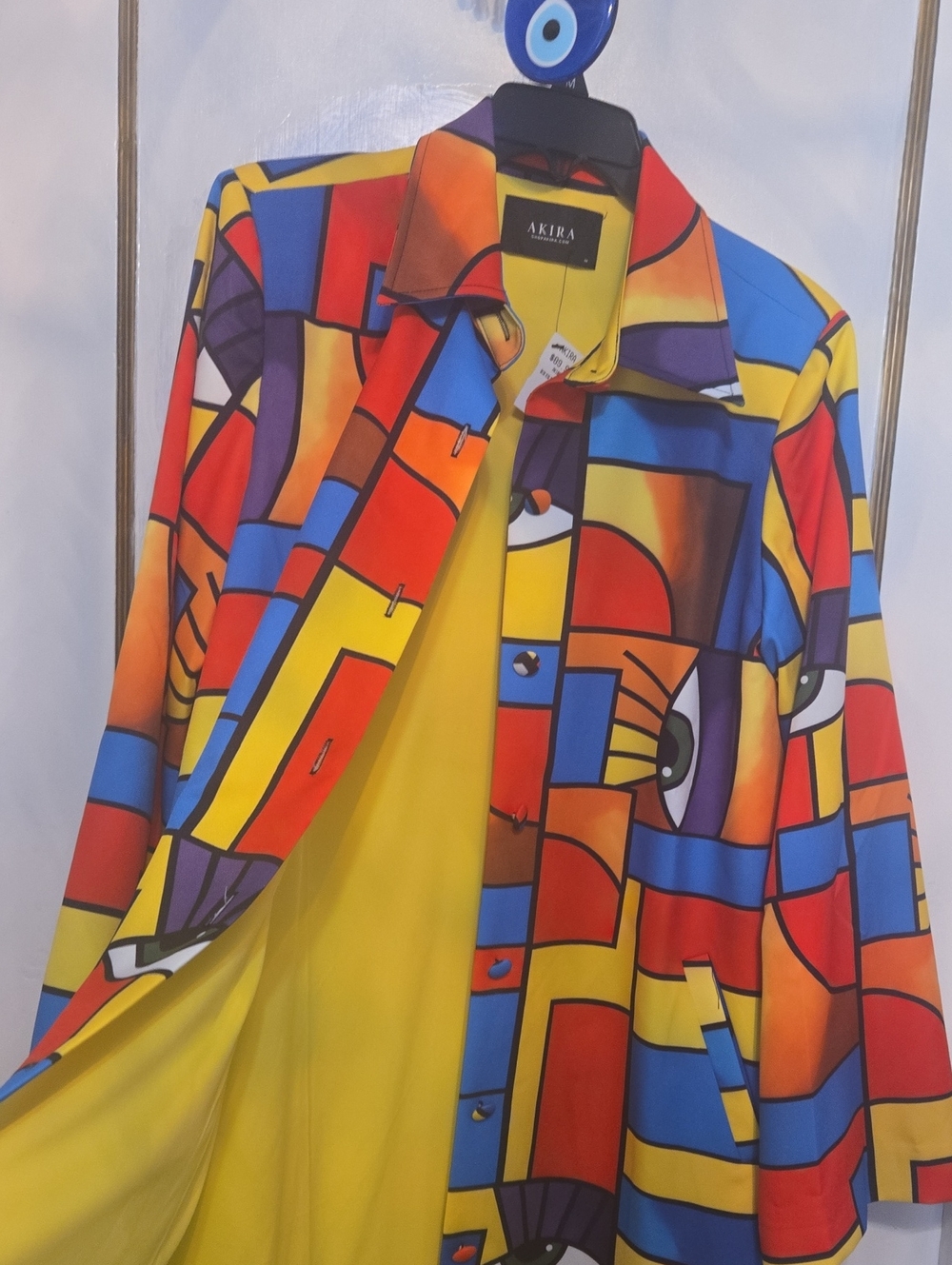 Stunning Multicolor Graphic Button-Up Trench - Bold Abstract Print - Picture 4 of 8
